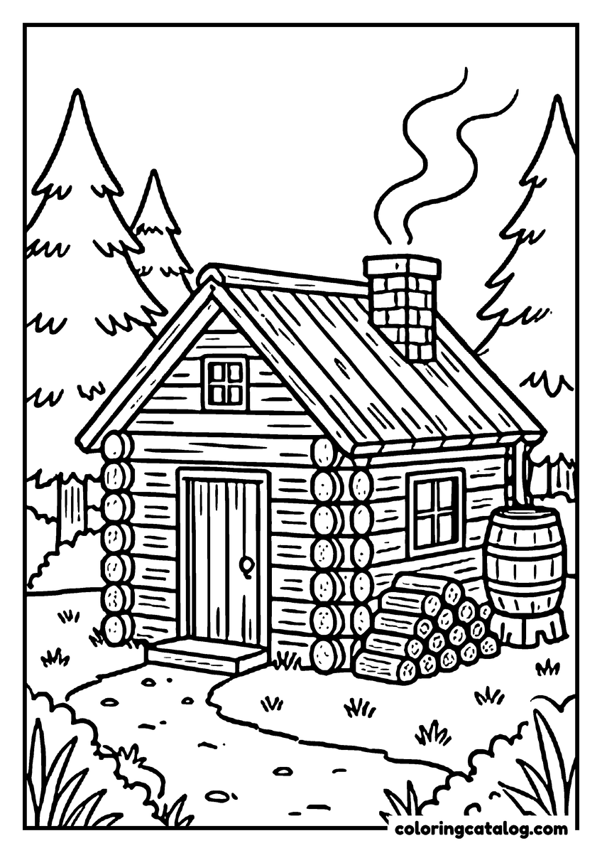 Free Forest coloring sheet: A log cabin among pine trees with smoke from the chimney, a rain barrel and a woodpile