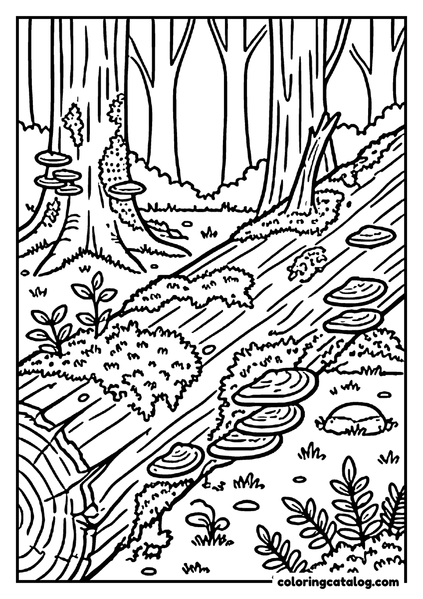 Free Forest coloring sheet: A mossy fallen log covered in bracket fungi and small plants