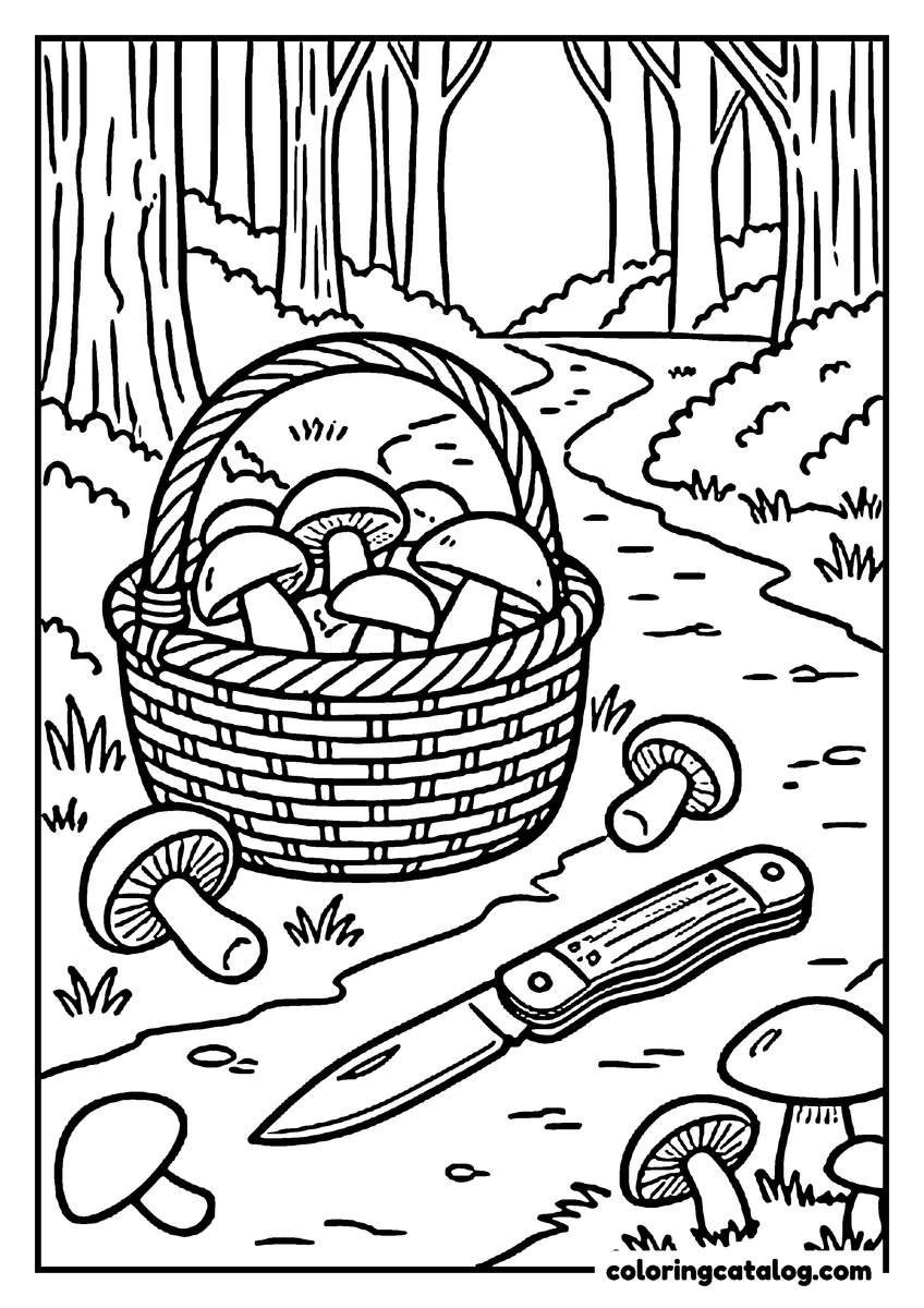 Free printable coloring sheet: A basket of mushrooms and a folding knife beside a forest path