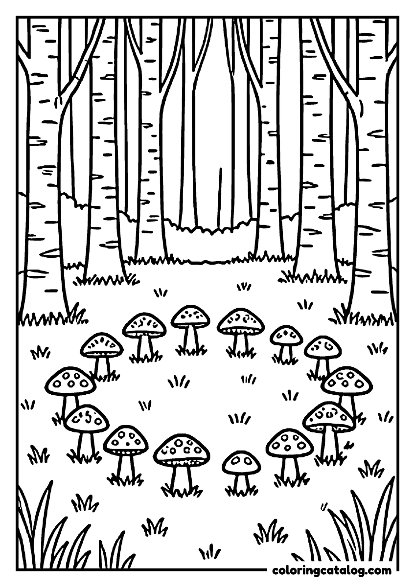 Forest coloring page: A ring of spotted toadstools in a clearing among birch trees