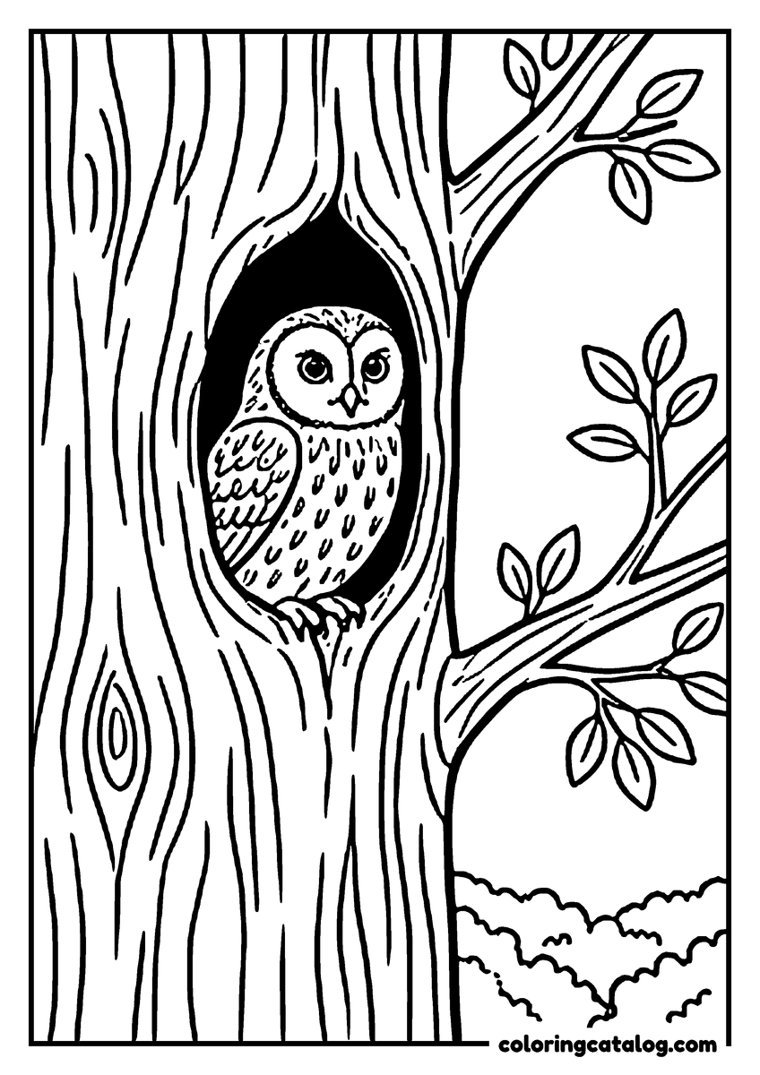 Forest coloring page: An owl peeking out of a hollow in a leafy tree trunk