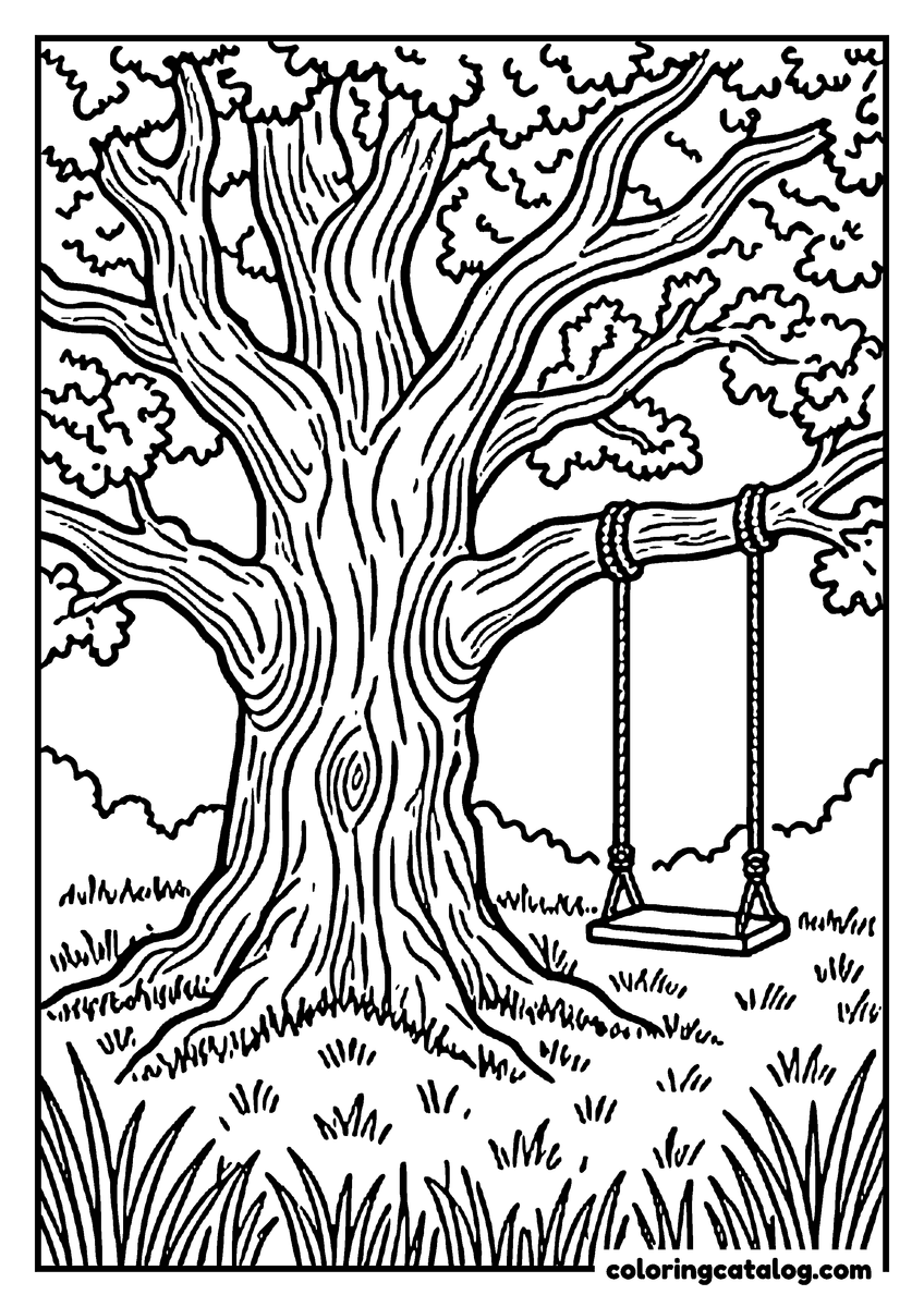 Forest coloring page: A rope swing hanging from the branch of a big old oak