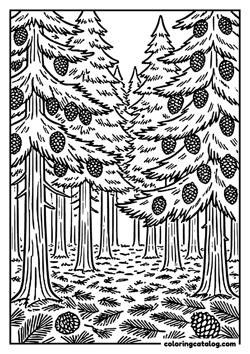 Coloring page: Tall spruce trees heavy with pinecones above a needle-covered forest floor