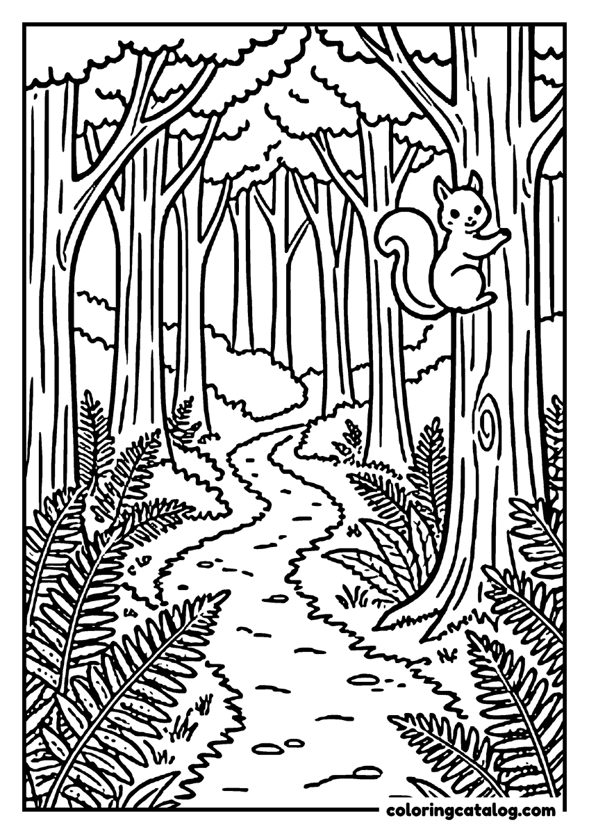 Printable Forest coloring page: A squirrel clinging to a tree trunk above a path lined with ferns