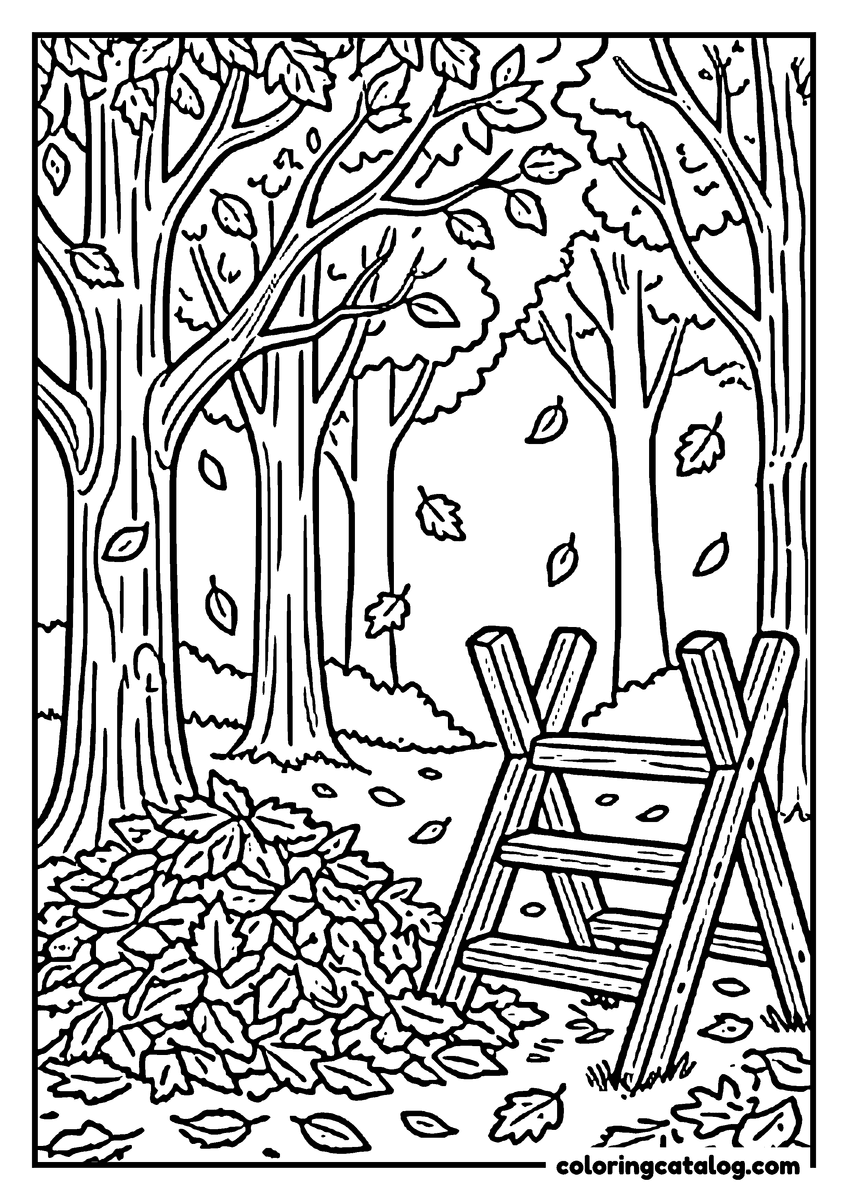 Printable coloring page: A wooden stile on a forest path with a pile of autumn leaves and leaves falling