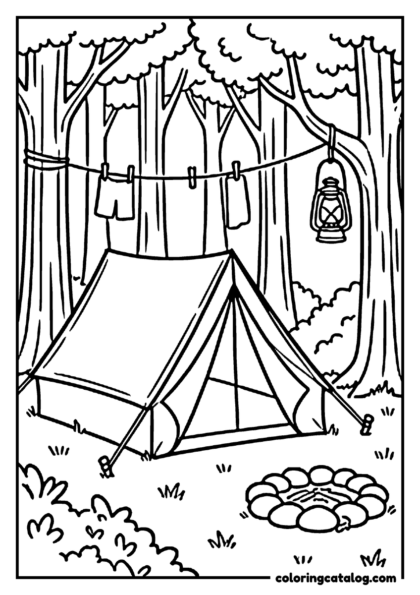 Printable Forest coloring page: A tent under the trees with a lantern, a washing line and a ring of stones for a campfire