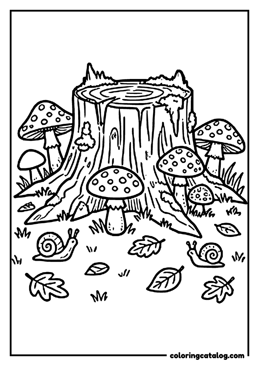 Forest coloring page: Spotted toadstools growing around an old tree stump with two snails and fallen leaves