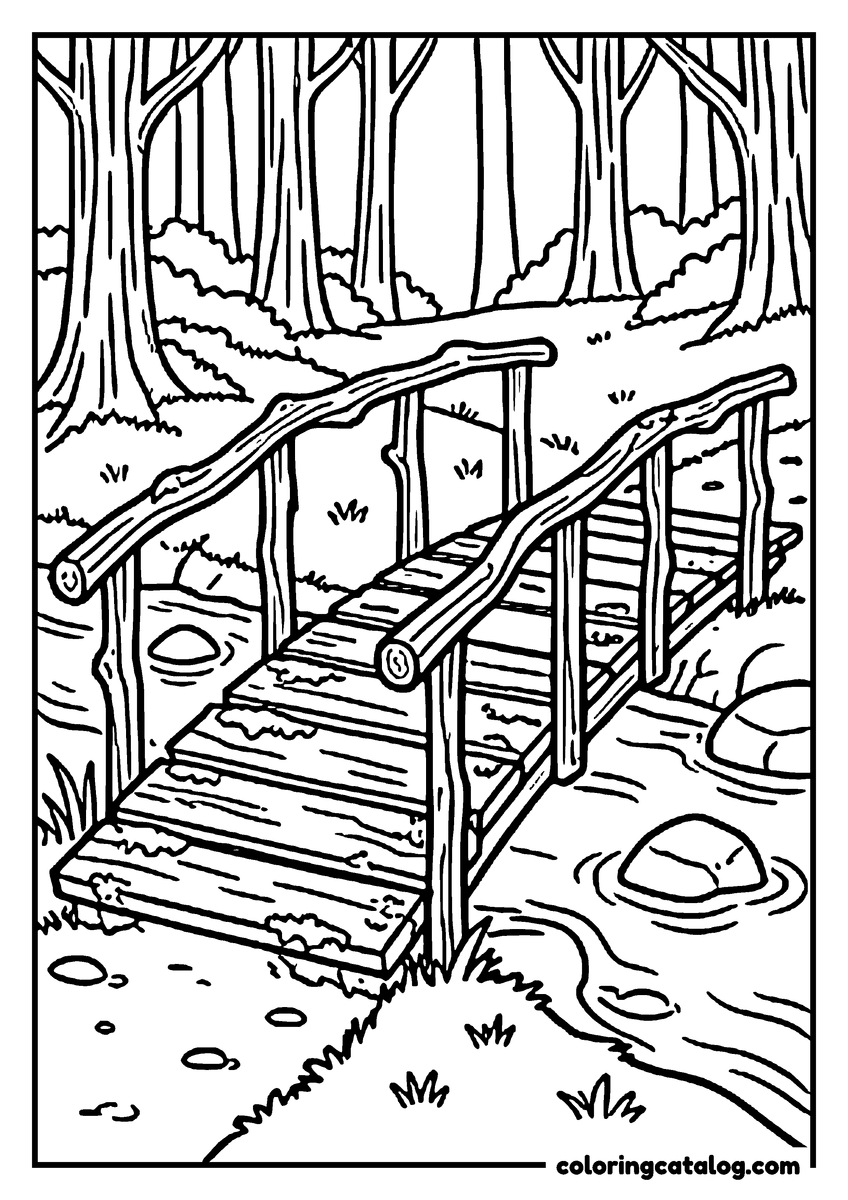 Printable Forest coloring page: A rustic wooden footbridge crossing a creek in the woods
