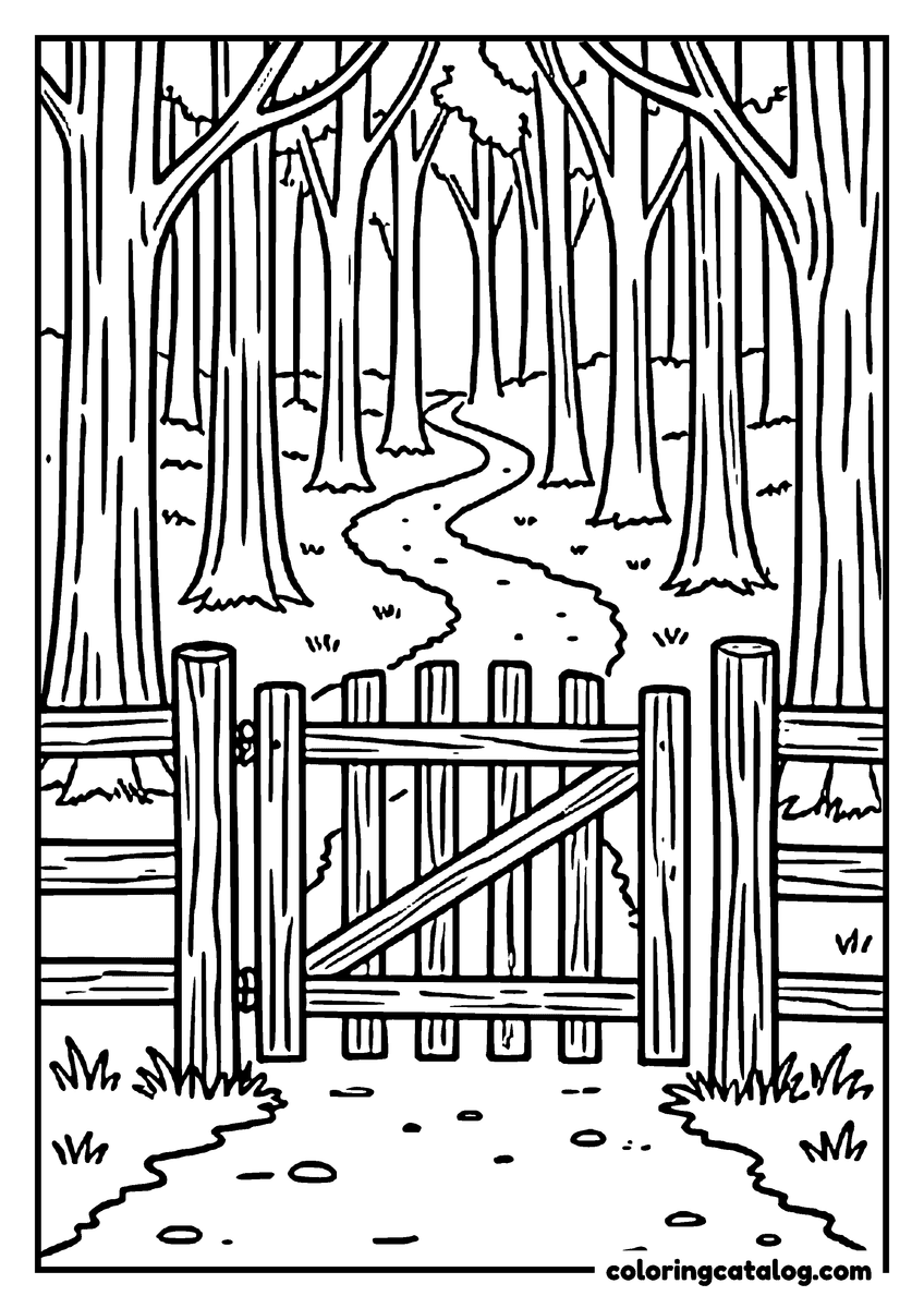 Coloring page: A wooden field gate across a path winding into the forest