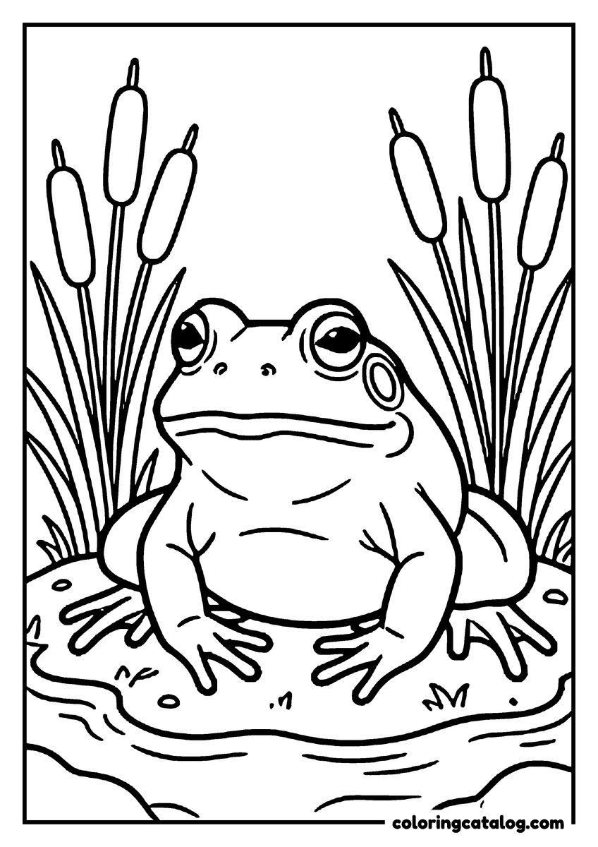 Coloring page: A plump bullfrog sitting square on a muddy bank at the water's edge, round ear discs behind its eyes and cattails behind