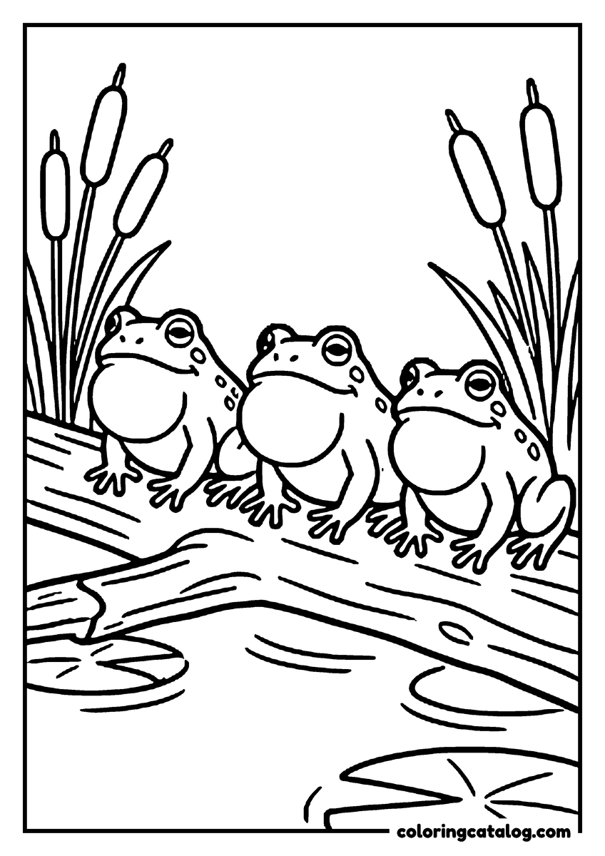 Printable coloring page: A row of bullfrogs with puffed-up throats sitting side by side on a fallen branch over a pond, cattails behind