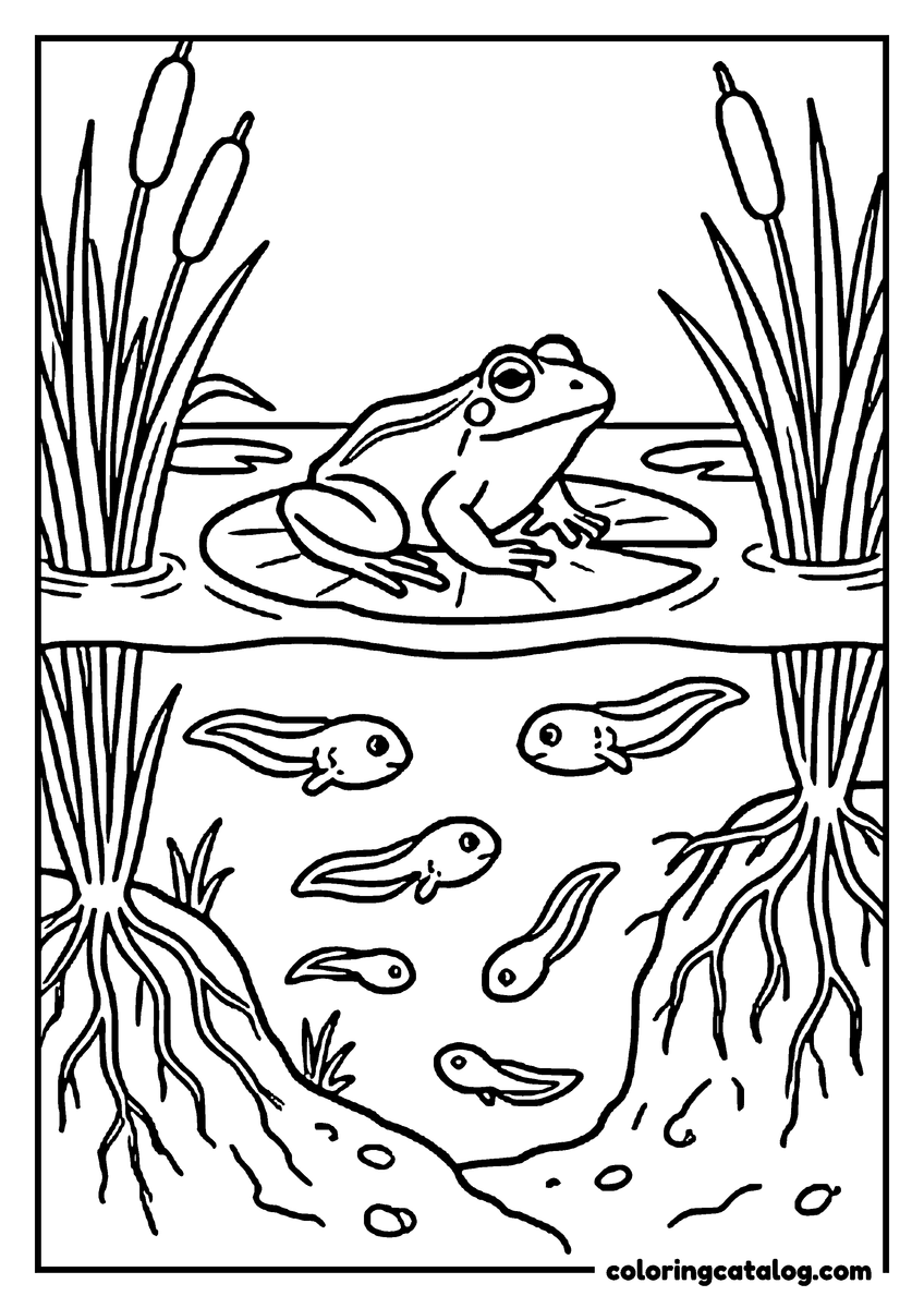 Printable coloring page: A cutaway of a pond with a frog on a lily pad above the water, tadpoles swimming below and reed roots in the mud