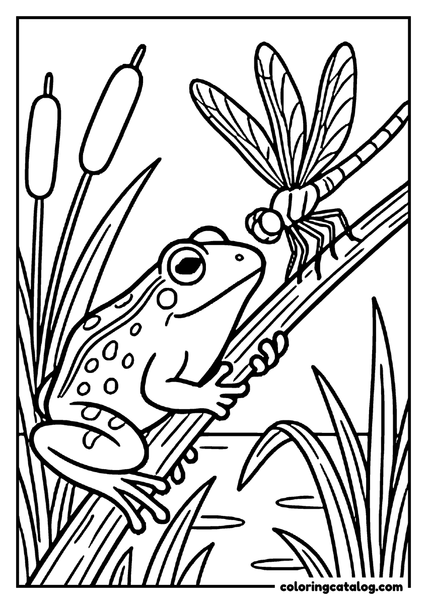 Printable coloring page: A frog clinging to a reed stem, nose to nose with a dragonfly perched just above it