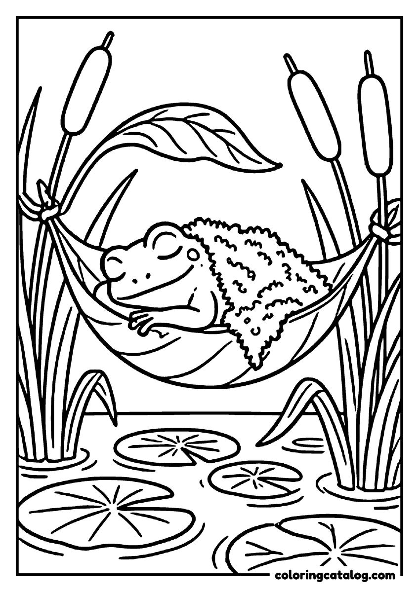 Coloring page: A frog fast asleep in a curled leaf slung like a hammock between two reeds, tucked under a blanket of moss