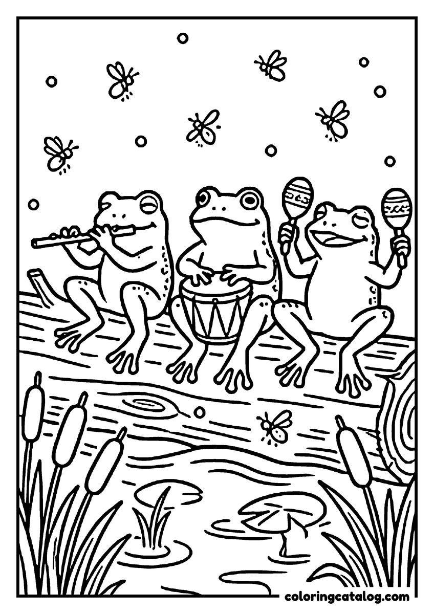 Free printable coloring sheet: Three frogs playing a flute, a drum and maracas on a log over the pond at night, fireflies all around