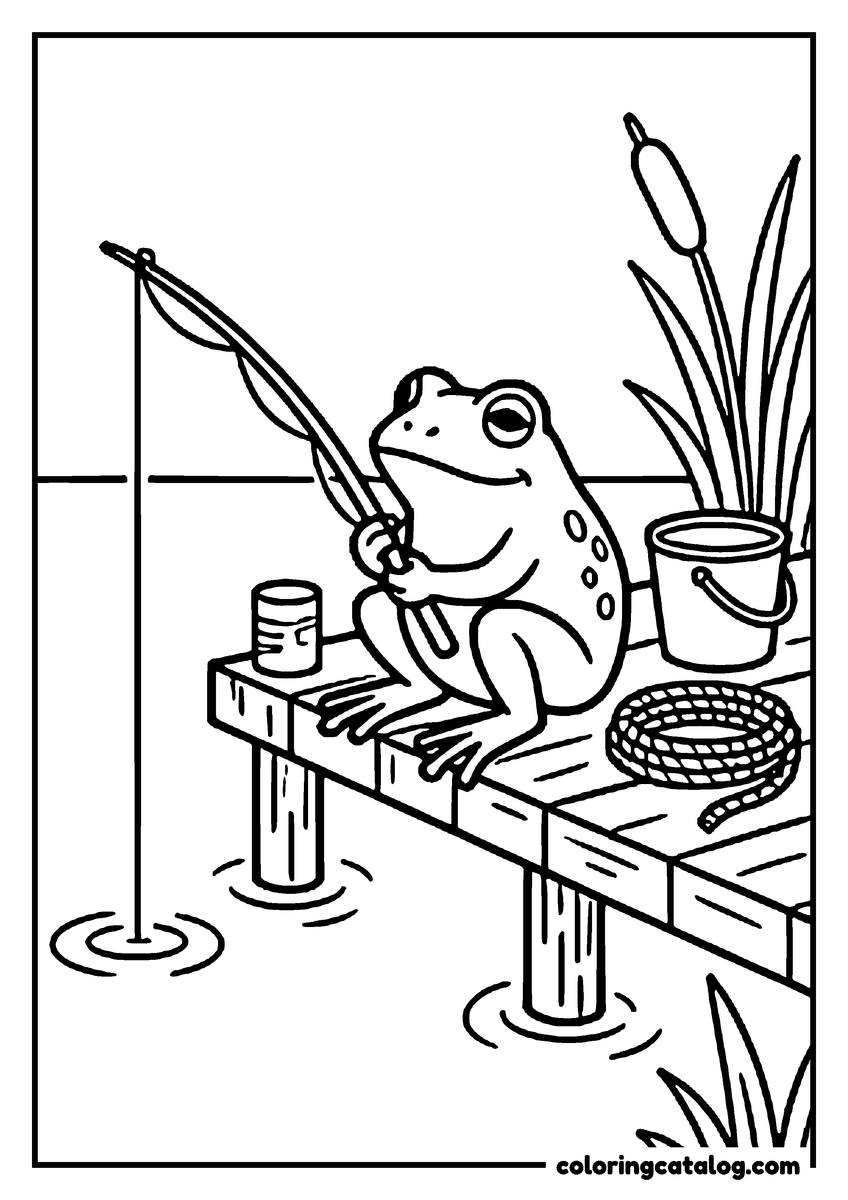 Free printable coloring sheet: A frog fishing with a bent rod from the end of a wooden jetty, a bucket, a tin and a coil of rope beside it