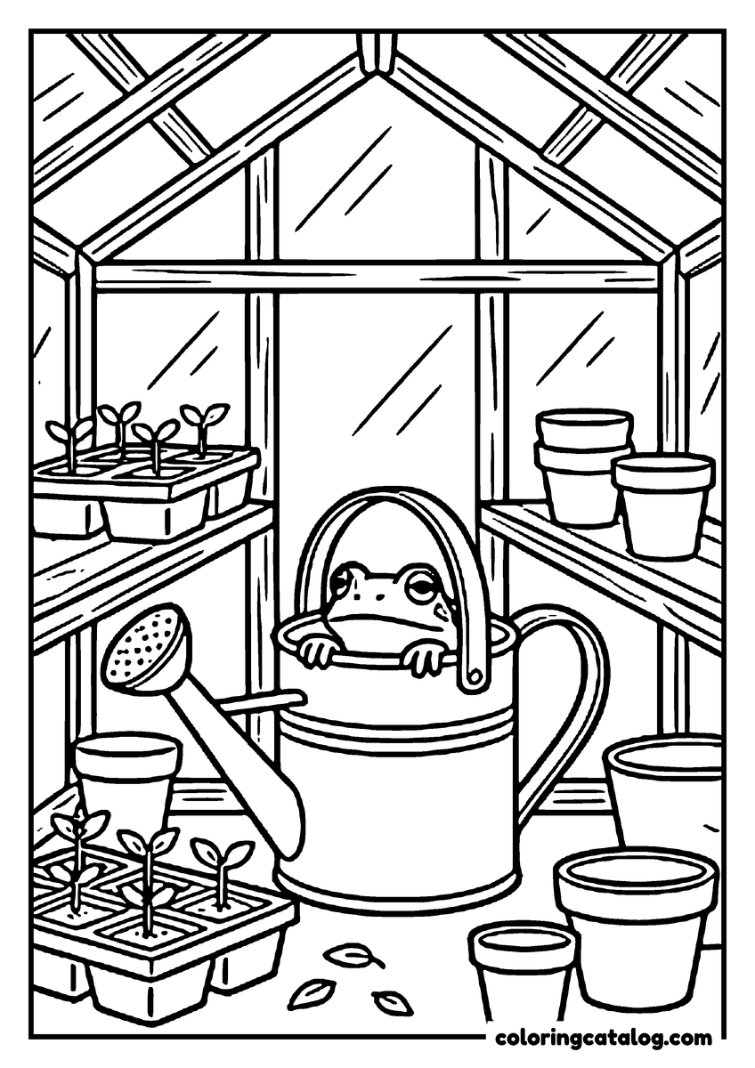 Free printable coloring sheet: A frog peeking out of a watering can in a greenhouse, surrounded by seed trays and empty flower pots