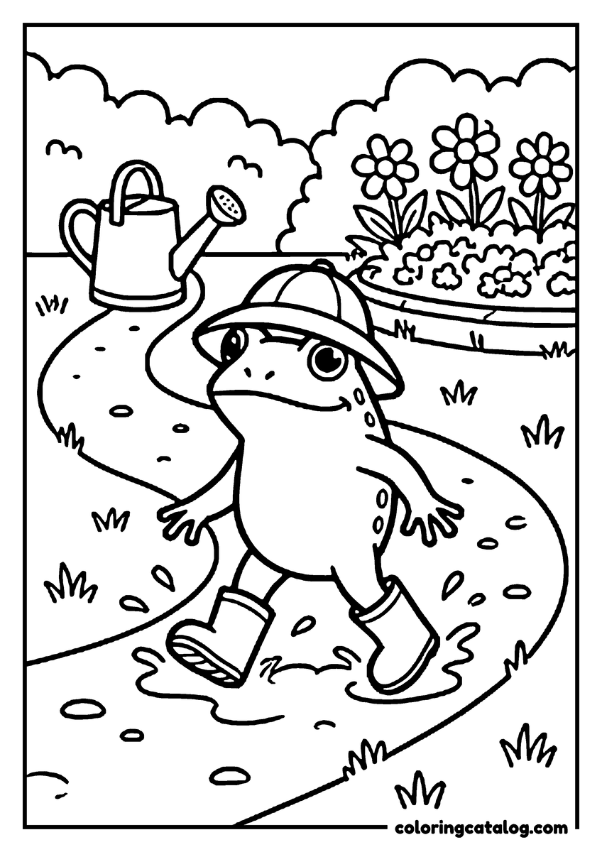 Coloring page: A frog in a rain hat and rubber boots splashing along a garden path, a watering can and a flower bed behind