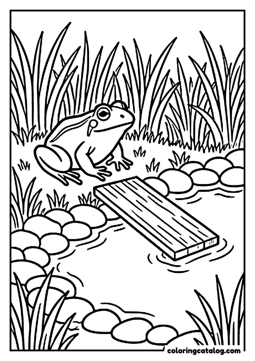 Printable coloring page: A frog in long grass beside a garden pond edged with pebbles, a wooden plank ramp leading into the water