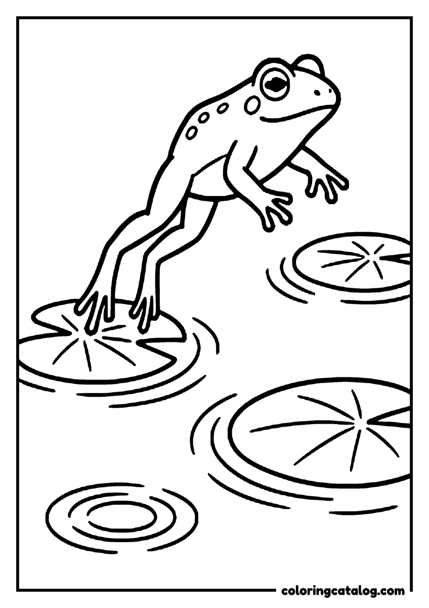 Coloring page: A spotted frog in mid leap from one lily pad to the next, ripples spreading in rings across the pond