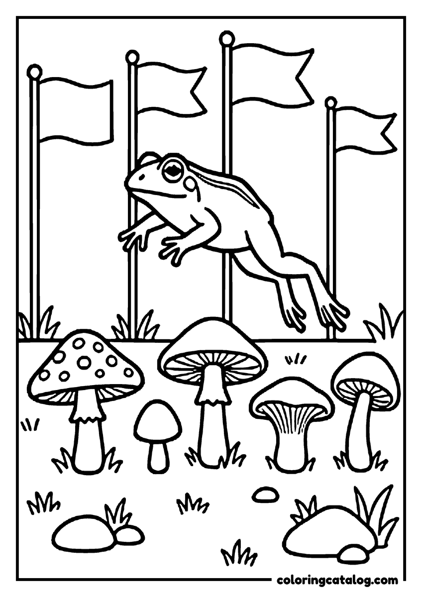 Free printable coloring sheet: A frog jumping over a row of mushrooms in a race, flags on poles marking the course