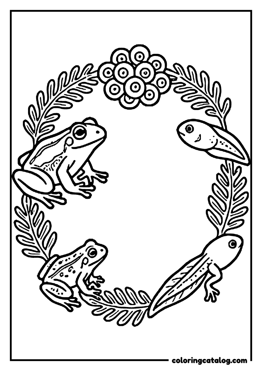 Coloring page: The life cycle of a frog around a wreath of pond weed: a cluster of eggs, a tadpole, a tadpole growing legs, a froglet and an adult frog
