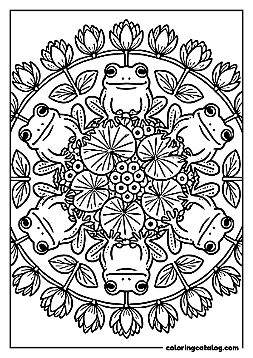 Free printable coloring sheet: A round mandala of six frogs facing outward around a center of lily pads and frog eggs, water lilies around the edge