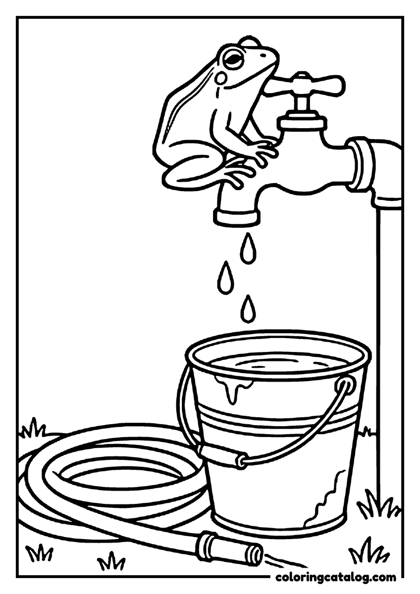 Coloring page: A frog perched on an outdoor tap dripping into a bucket, a coiled garden hose on the grass below