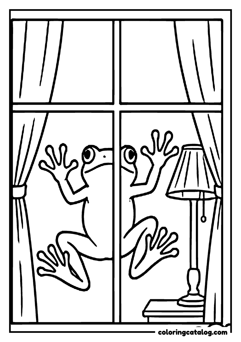 Coloring page: A frog climbing a window pane from outside, its toe pads flat on the glass, curtains and a lamp in the room behind