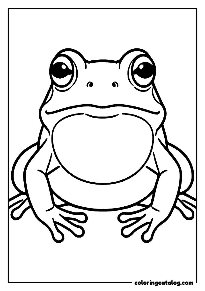 Coloring page: A frog sitting face on with big domed eyes, a wide smile and a smooth round throat, on a plain background
