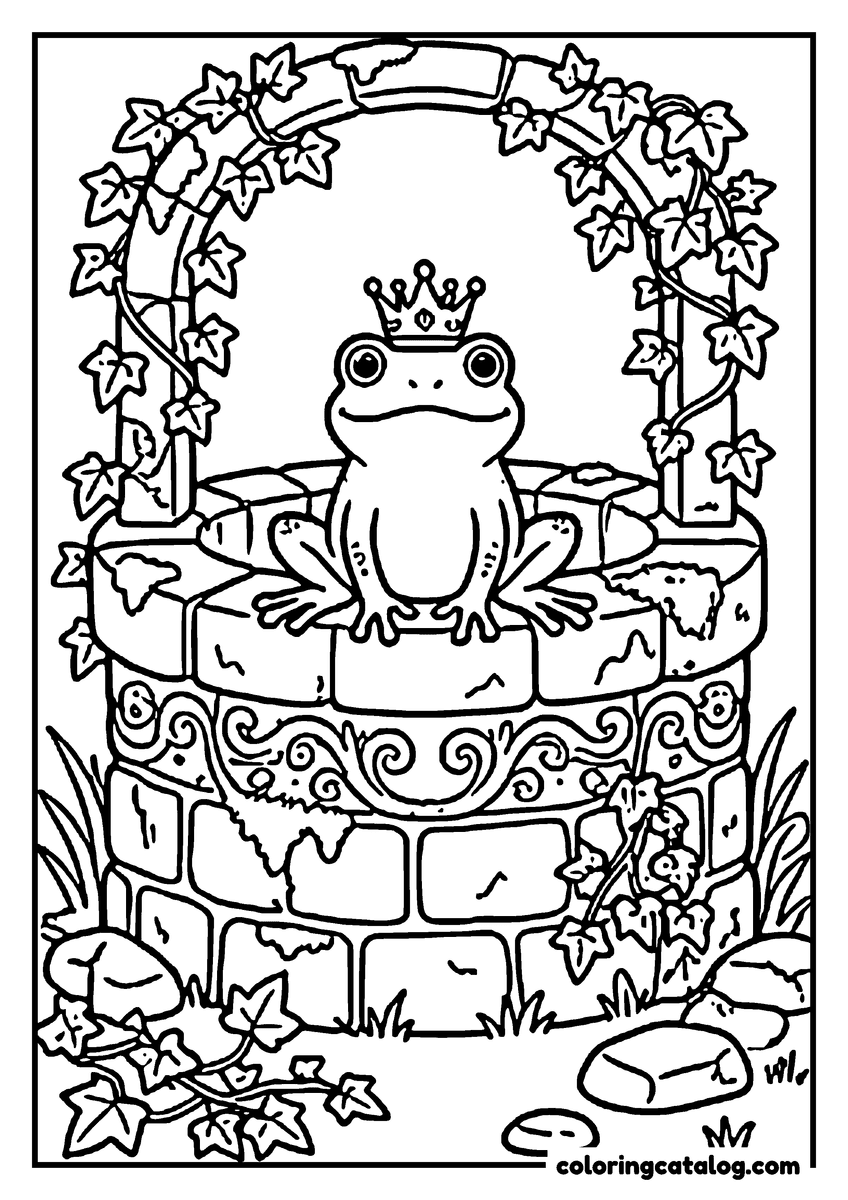 Free printable coloring sheet: A frog prince in a little crown sitting on the rim of an old stone well under an arch of ivy