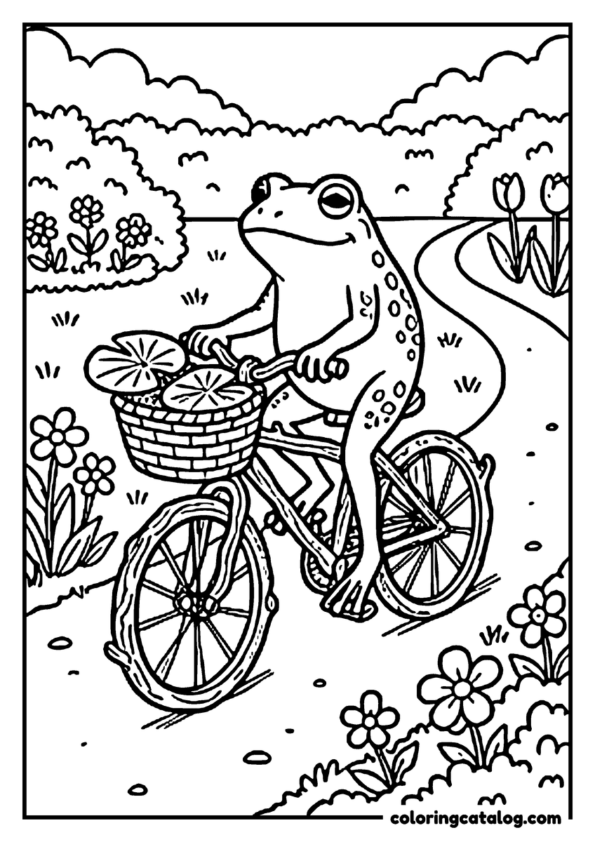 Free printable coloring sheet: A frog riding a bicycle along a winding garden path, a basket of lily pads on the front and flowers along the way