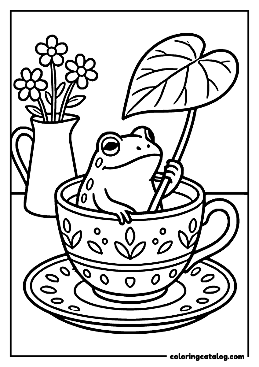 Coloring page: A frog sitting in a patterned teacup on its saucer holding a big leaf, a jug of flowers on the table behind
