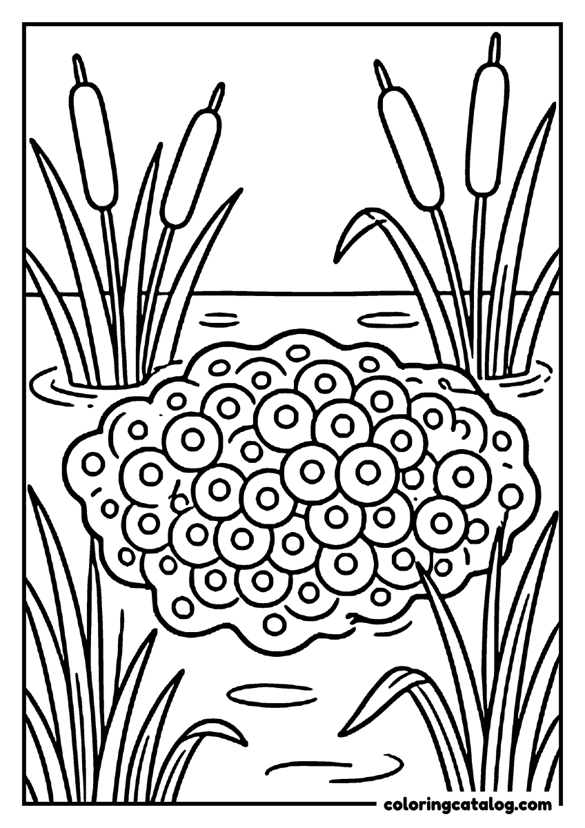 Printable coloring page: A big clump of frog spawn floating in the shallows of a pond, every egg a circle, cattails and reeds rising around it