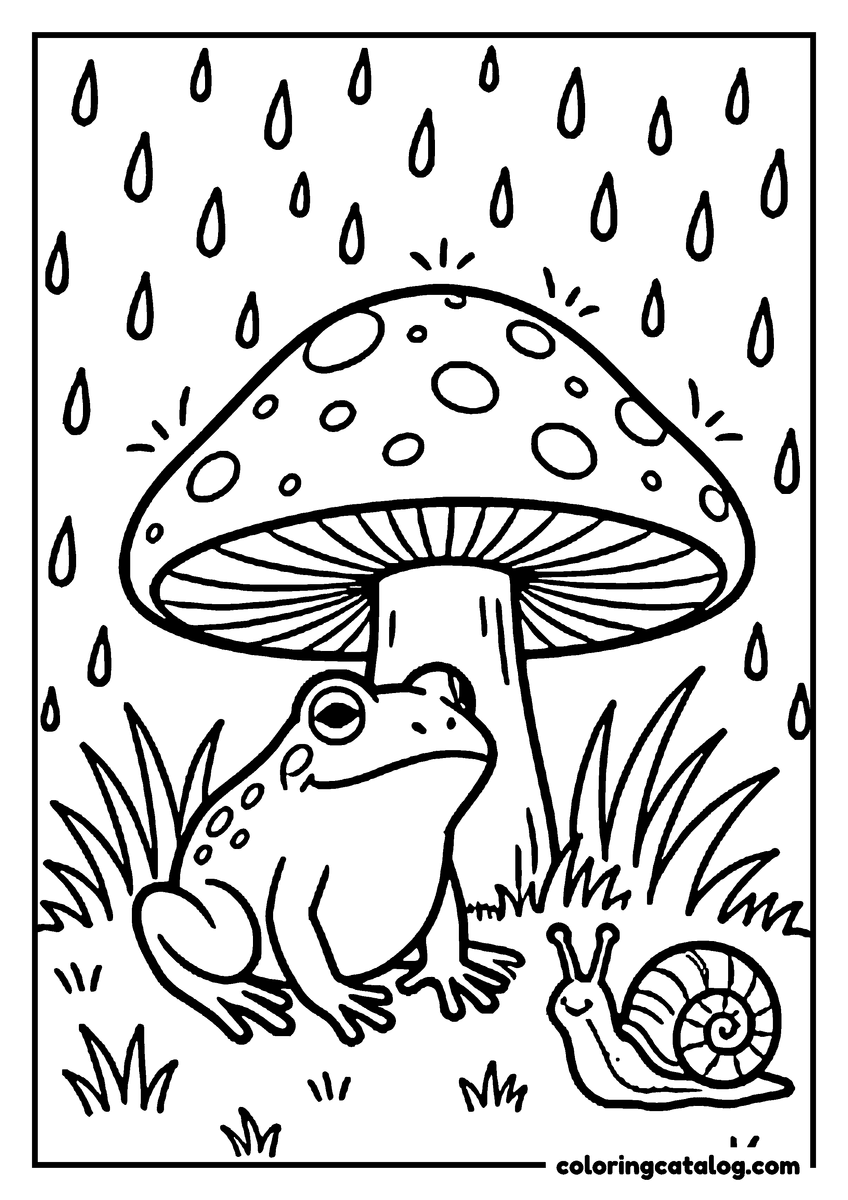 Free printable coloring sheet: A frog sheltering under a big spotted mushroom cap while the rain pours down, a snail beside it in the grass