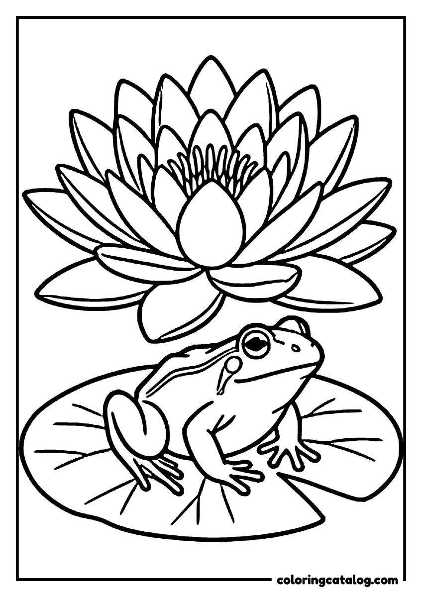 Coloring page: A frog sitting on a broad lily pad below a fully open water lily with layered petals