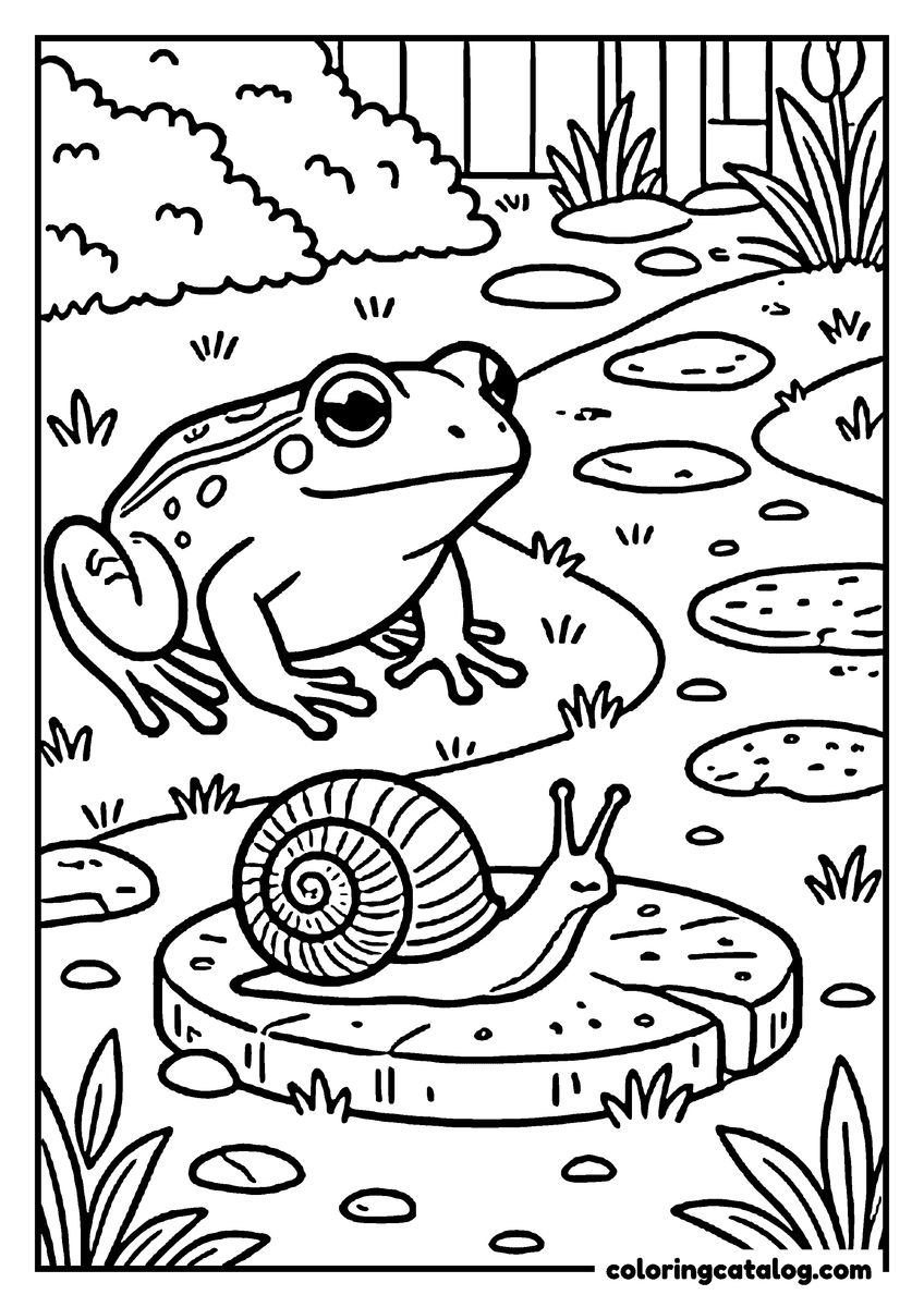 Coloring page: A frog on a garden path watching a snail cross a round stepping stone