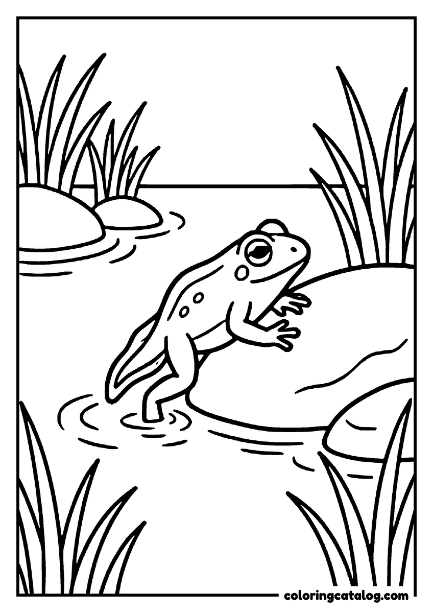 Free printable coloring sheet: A young froglet with a stubby tail climbing out of the water onto a stone, reeds and grass around the pond