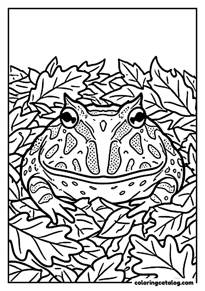 Printable coloring page: A wide horned frog with pointed eyelids sitting among piled fallen leaves