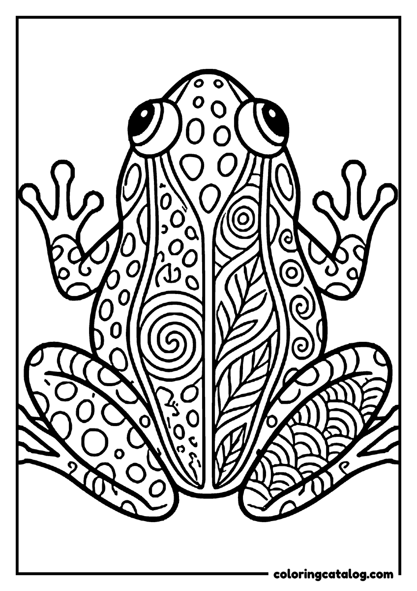 Free printable coloring sheet: A frog seen from above filling the page, its back and legs divided into panels of spots, spirals, stripes and leaf shapes