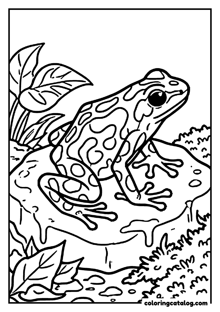 Free printable coloring sheet: A poison dart frog covered in bold patches standing on a wet mossy rock among fallen leaves
