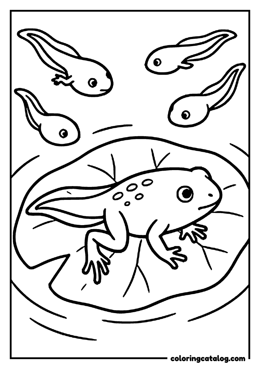 Frog coloring page: A tadpole that has grown its legs resting on a lily pad while younger tadpoles swim around it