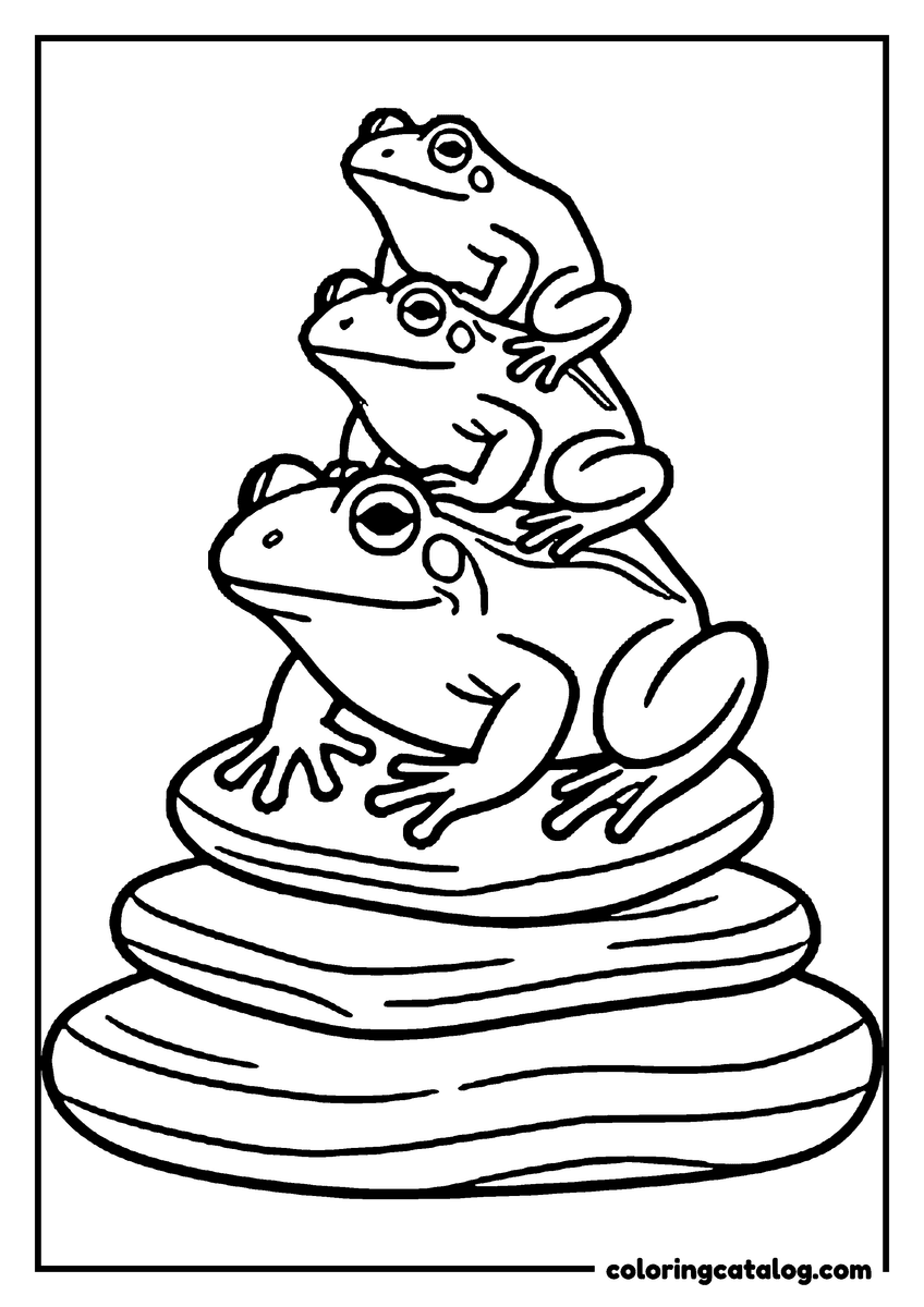 Free printable coloring sheet: A family of three frogs piled on top of each other on a stack of flat stones, the biggest at the bottom