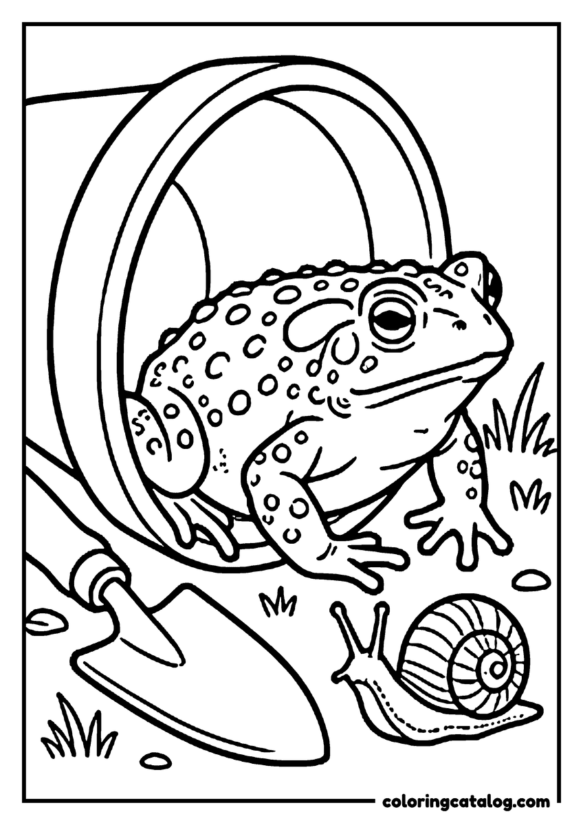 Free Frog coloring sheet: A warty toad sheltering under the rim of a tipped flower pot, a trowel and a snail on the ground beside it