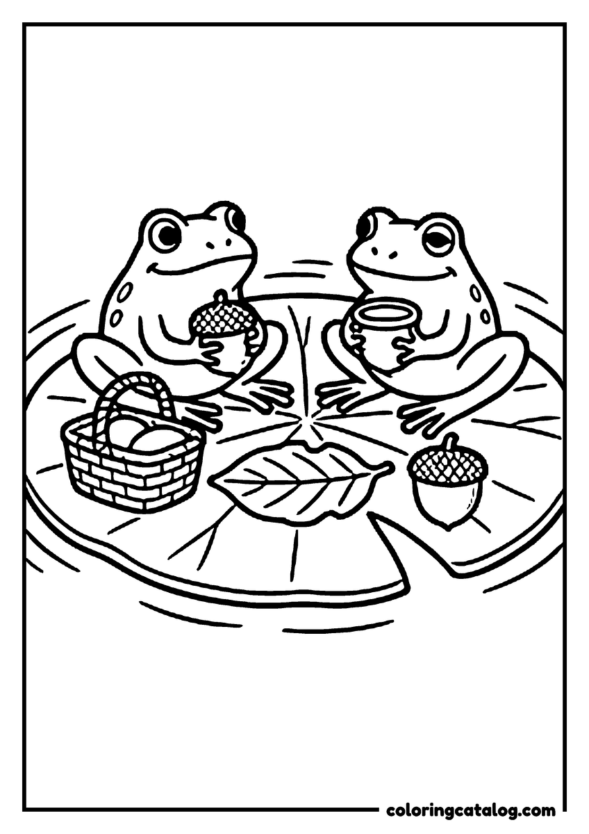 Coloring page: Two frogs sharing a picnic on a lily pad with a wicker basket, a leaf for a plate and acorn cups