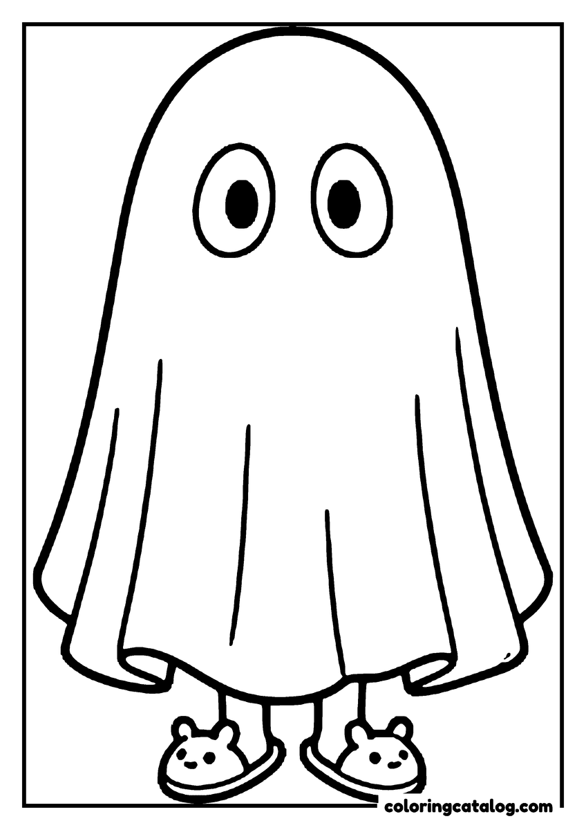Printable coloring page: A child in a bedsheet ghost costume with two round eye holes and bunny slippers peeking out