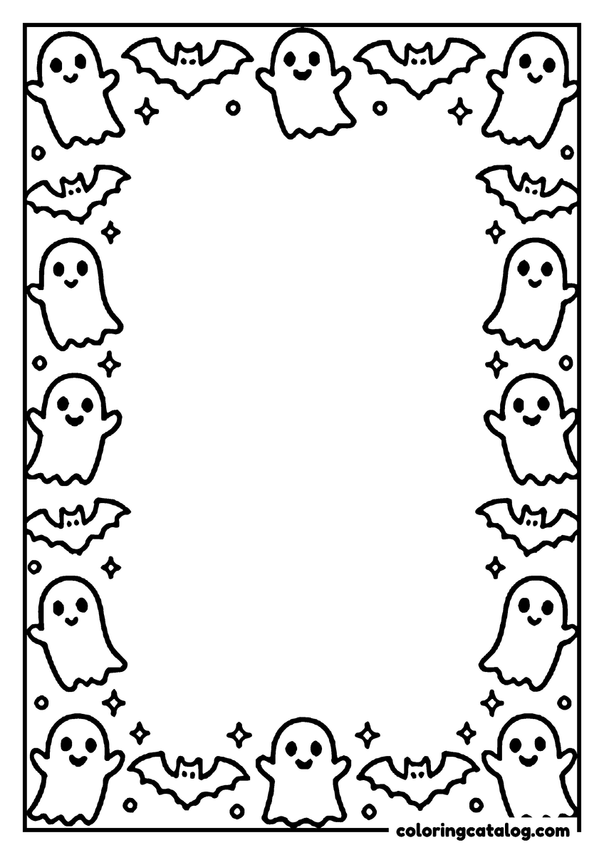 Printable coloring page: A page border of little ghosts and bats around an open center