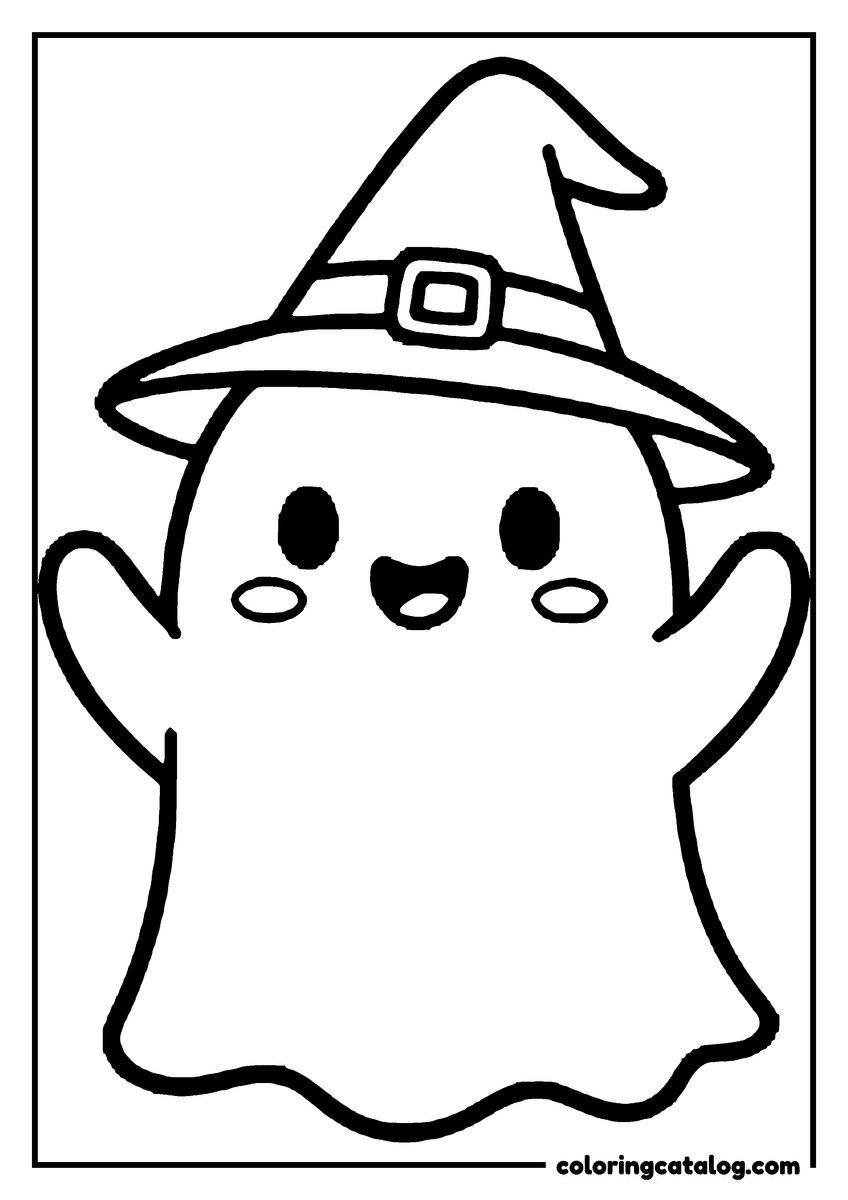 Coloring page: A cute ghost in a witch hat with both arms raised in a playful boo