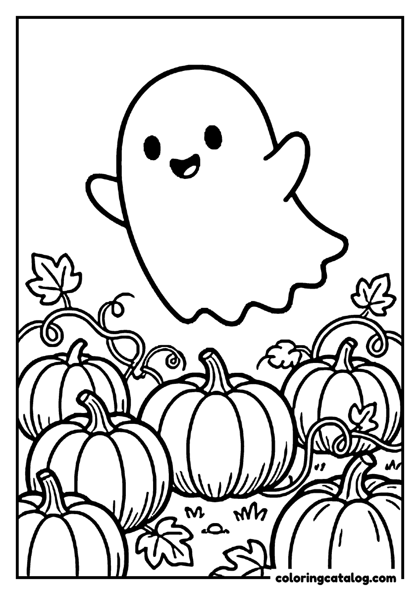 Coloring page: A round cute ghost with a wavy hem floating happily above a pumpkin patch