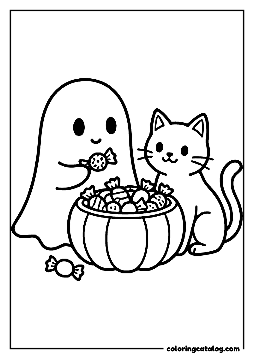 Printable coloring page: A ghost and a cat sharing a pumpkin bowl full of wrapped candy